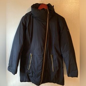 DKNY black down women’s coat with hood and gold asymmetrical zipper size medium